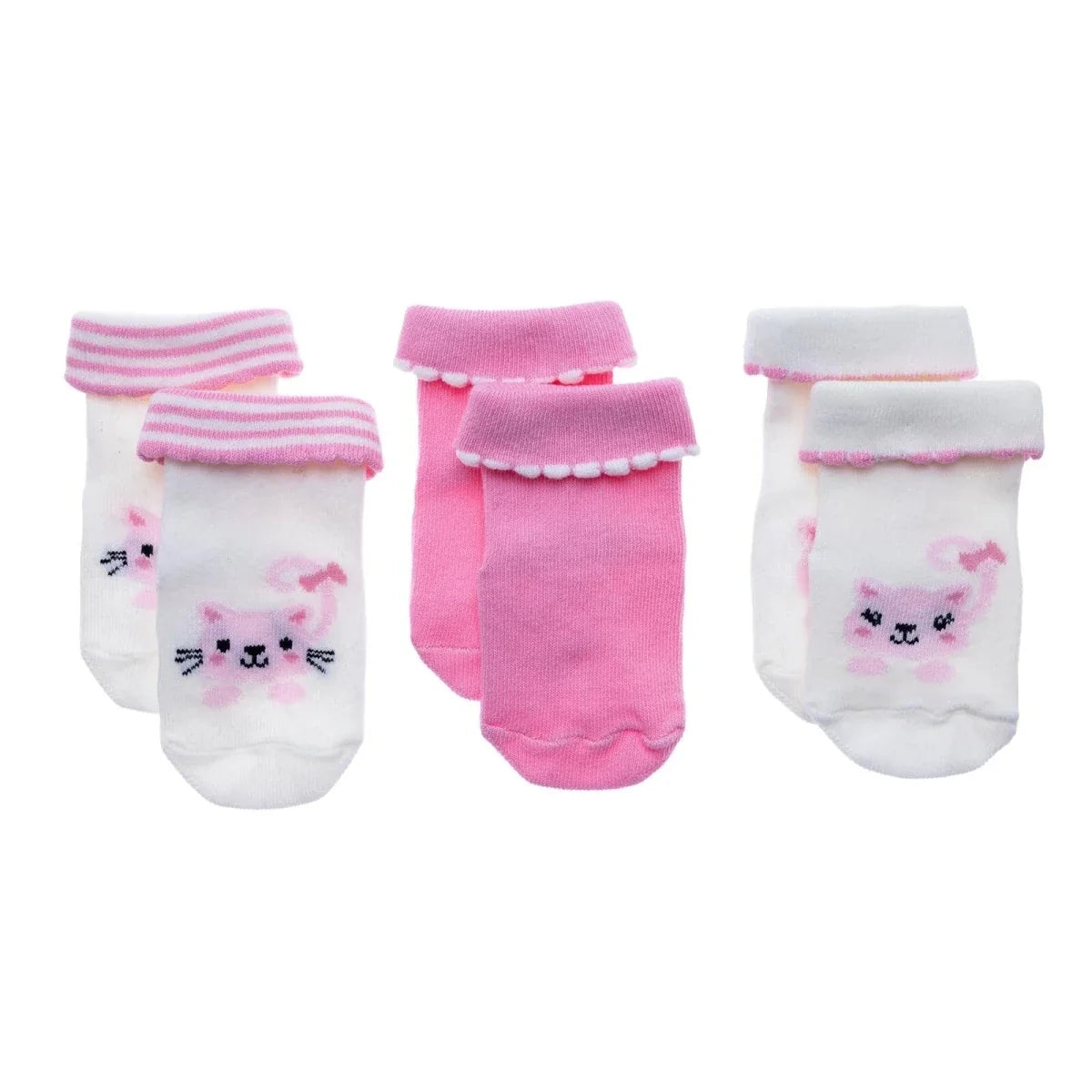 HelloBaby 3 Pack Cat Print Roll-Top Baby Socks (Newborn to 12-24 Months)