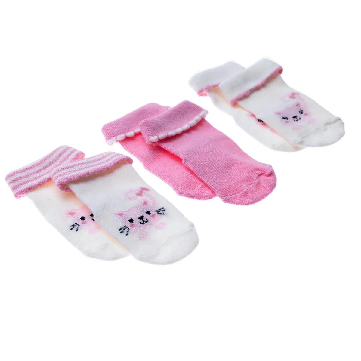 HelloBaby 3 Pack Cat Print Roll-Top Baby Socks (Newborn to 12-24 Months)