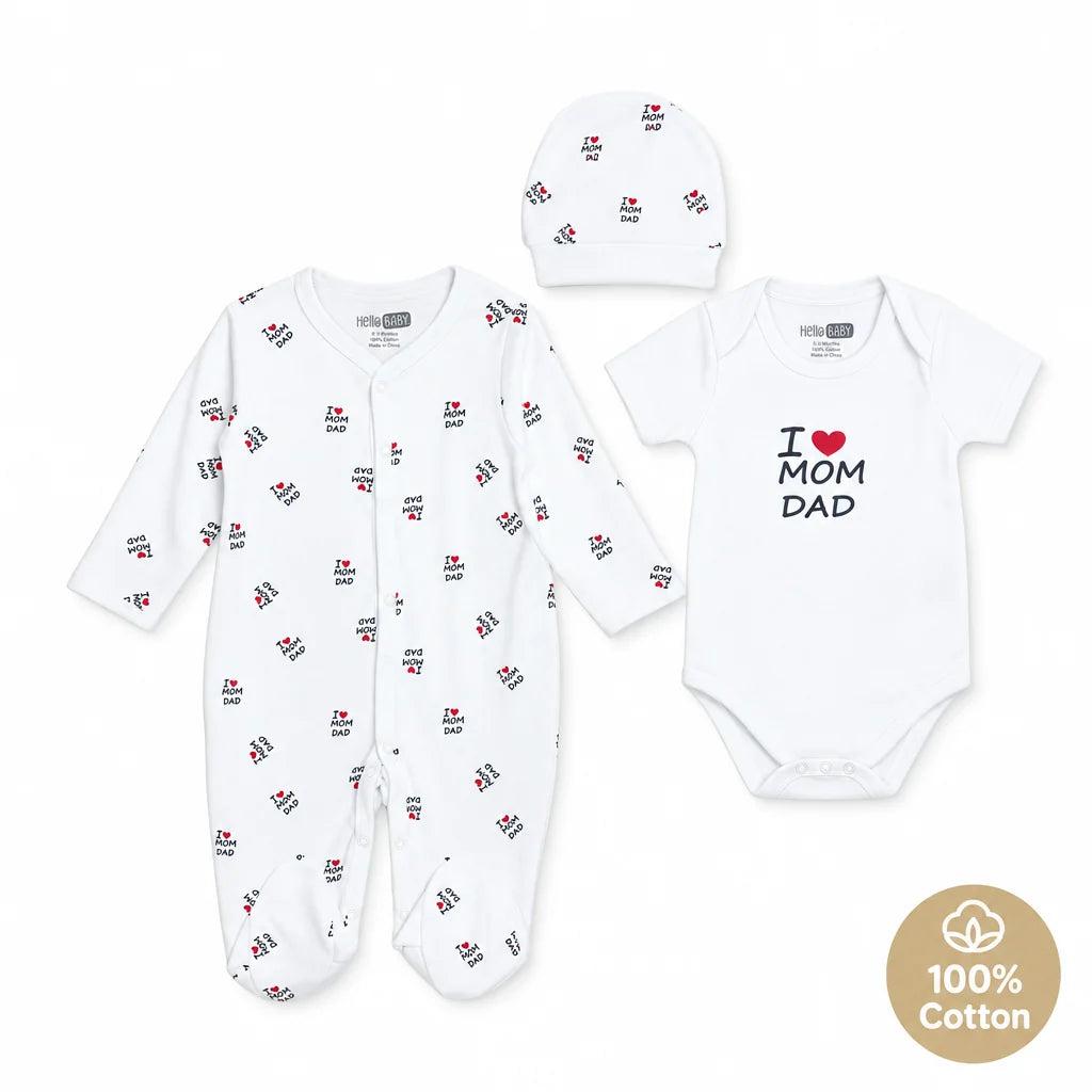 HelloBaby Slogan Print Baby Bodysuit, Hat & Footed Sleepsuit Set (Newborn to 6-9 Months)