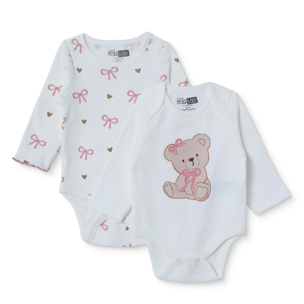 HelloBaby 2 Pack Heart Print Long Sleeve Baby Bodysuits (1-3 Months to 2-3 Years)
