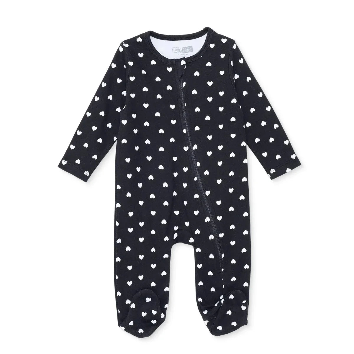 HelloBaby Girls Footed Sleepsuit Heart Print Zip Fastening Crew Neck Full Length Long Sleeve - Black