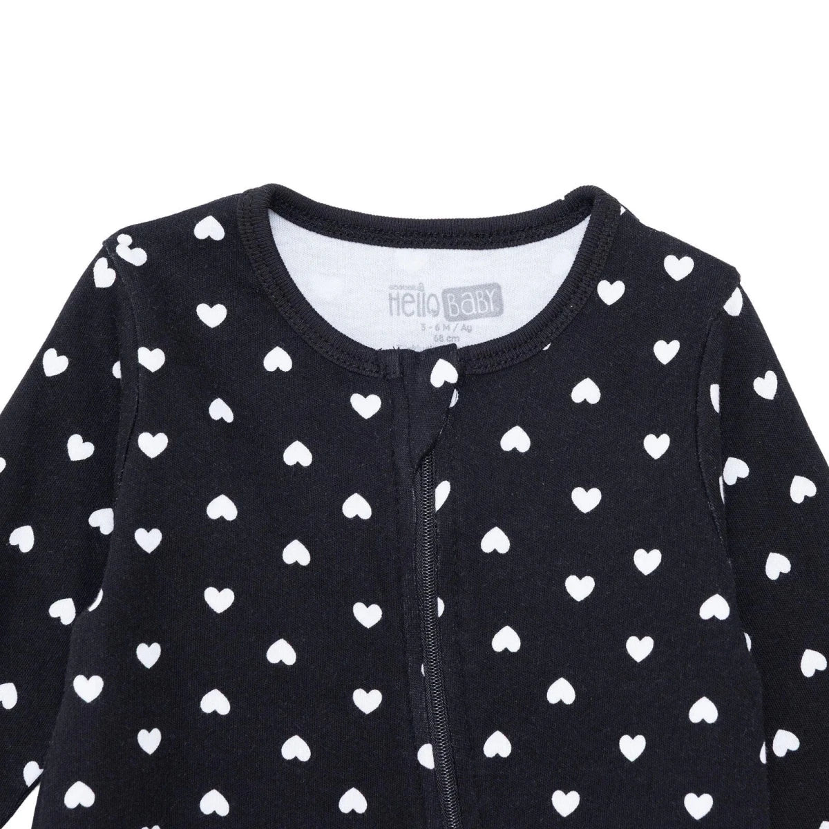 HelloBaby Girls Footed Sleepsuit Heart Print Zip Fastening Crew Neck Full Length Long Sleeve - Black