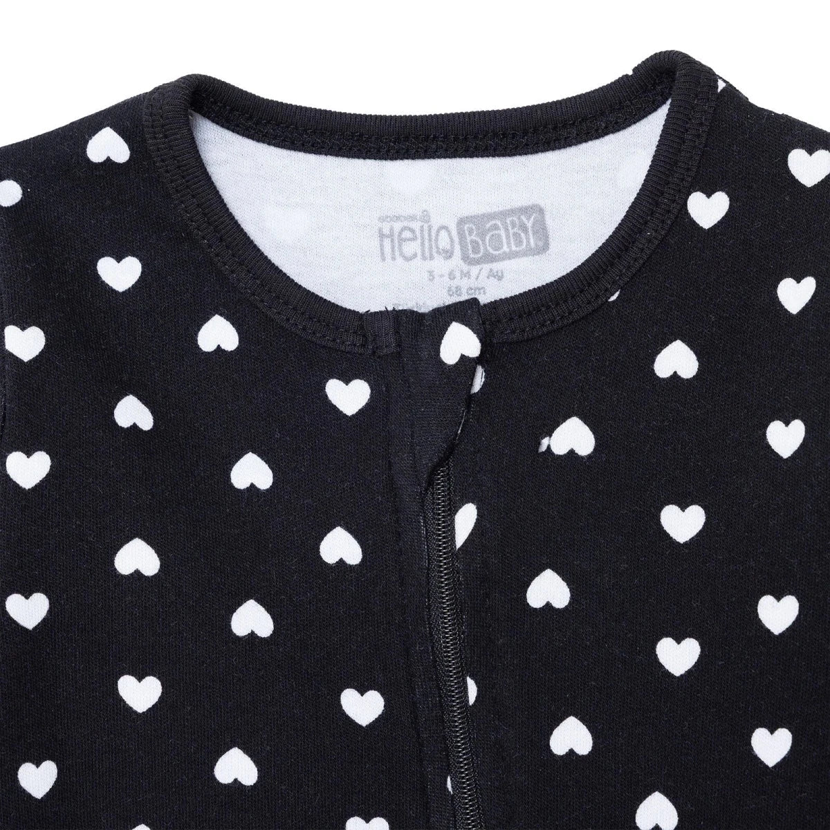 HelloBaby Girls Footed Sleepsuit Heart Print Zip Fastening Crew Neck Full Length Long Sleeve - Black