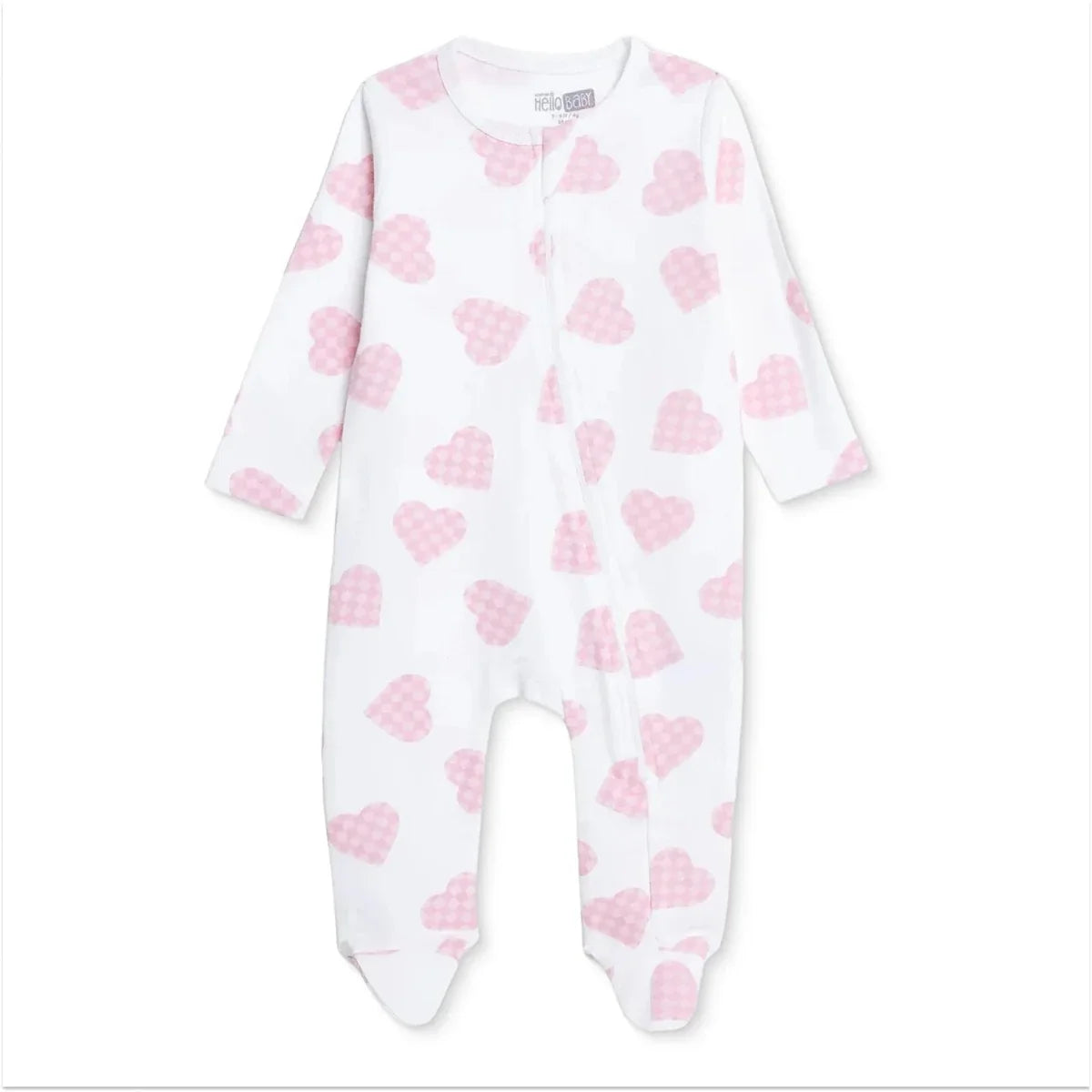 HelloBaby Girls Footed Sleepsuit Heart Print Zip Fastening Crew Neck Full Length Long Sleeve - Ecru Printed