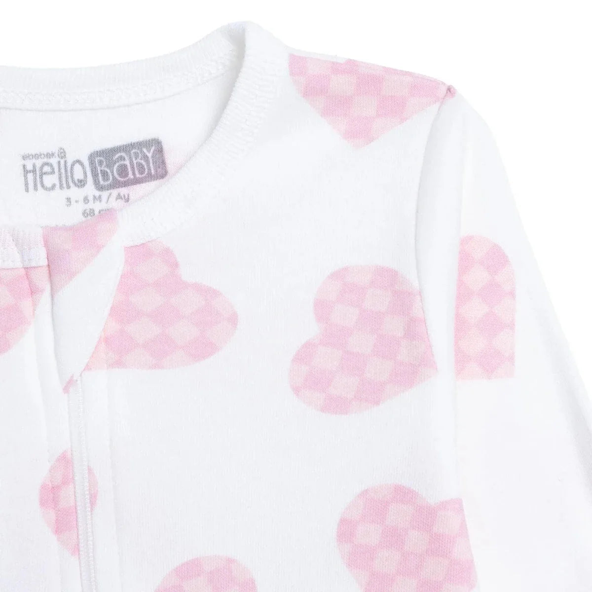 HelloBaby Girls Footed Sleepsuit Heart Print Zip Fastening Crew Neck Full Length Long Sleeve - Ecru Printed