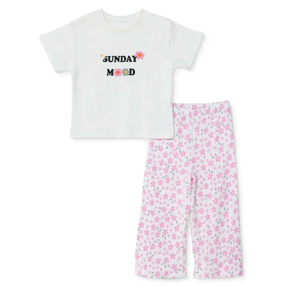 HelloBaby Girls T-Shirt & Trousers Set Text Print Flower Garden Crew Neck Full Length Short Sleeve - Ecru
