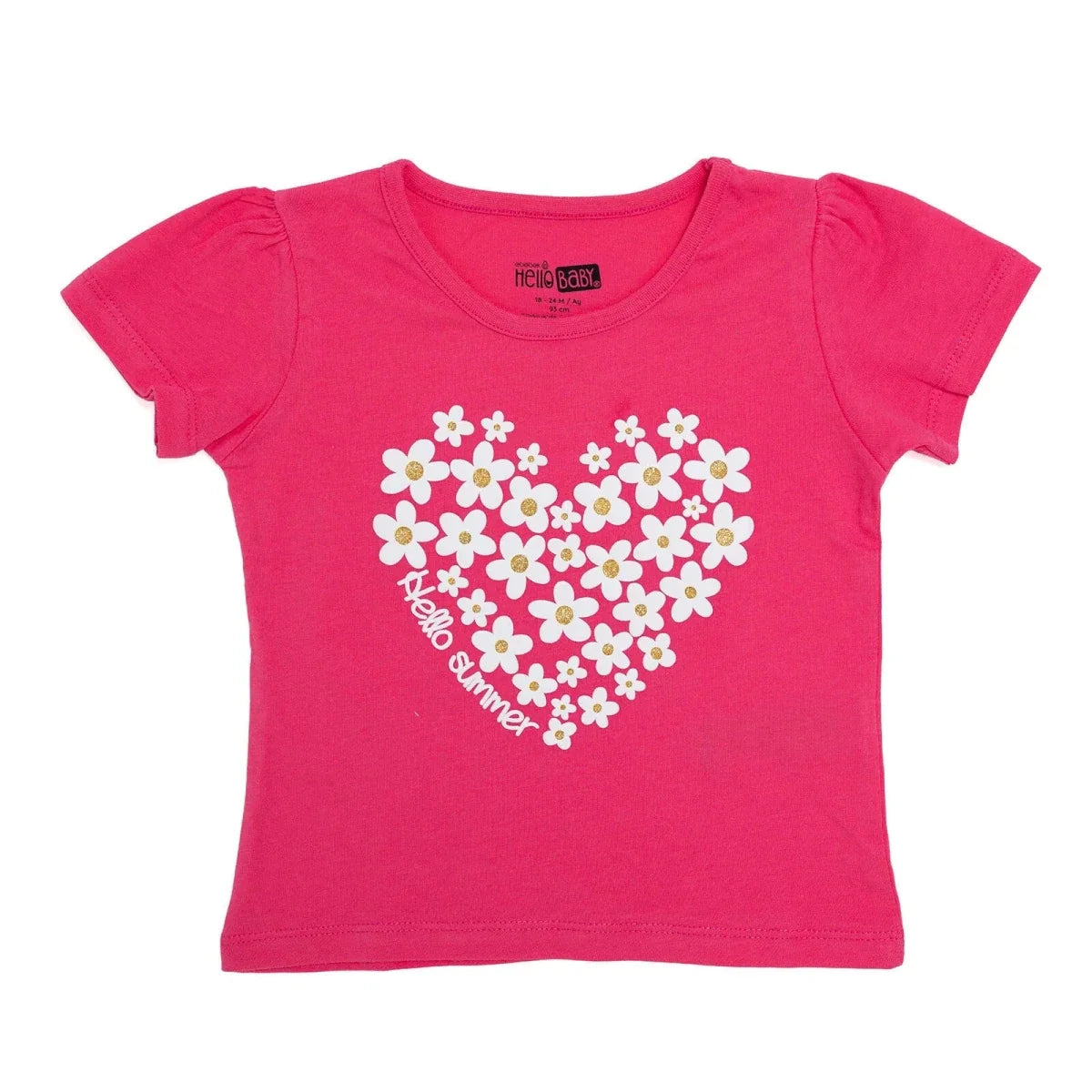 HelloBaby Girls T-shirt Heart Print Crew Neck Short Sleeve - Pink