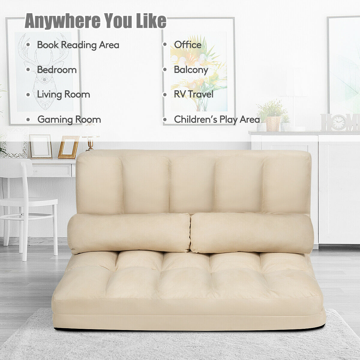 2 in 1 Folding Floor Lazy Sofa Bed with 6 Adjustable Seat Positions and 2 Pillows-Beige