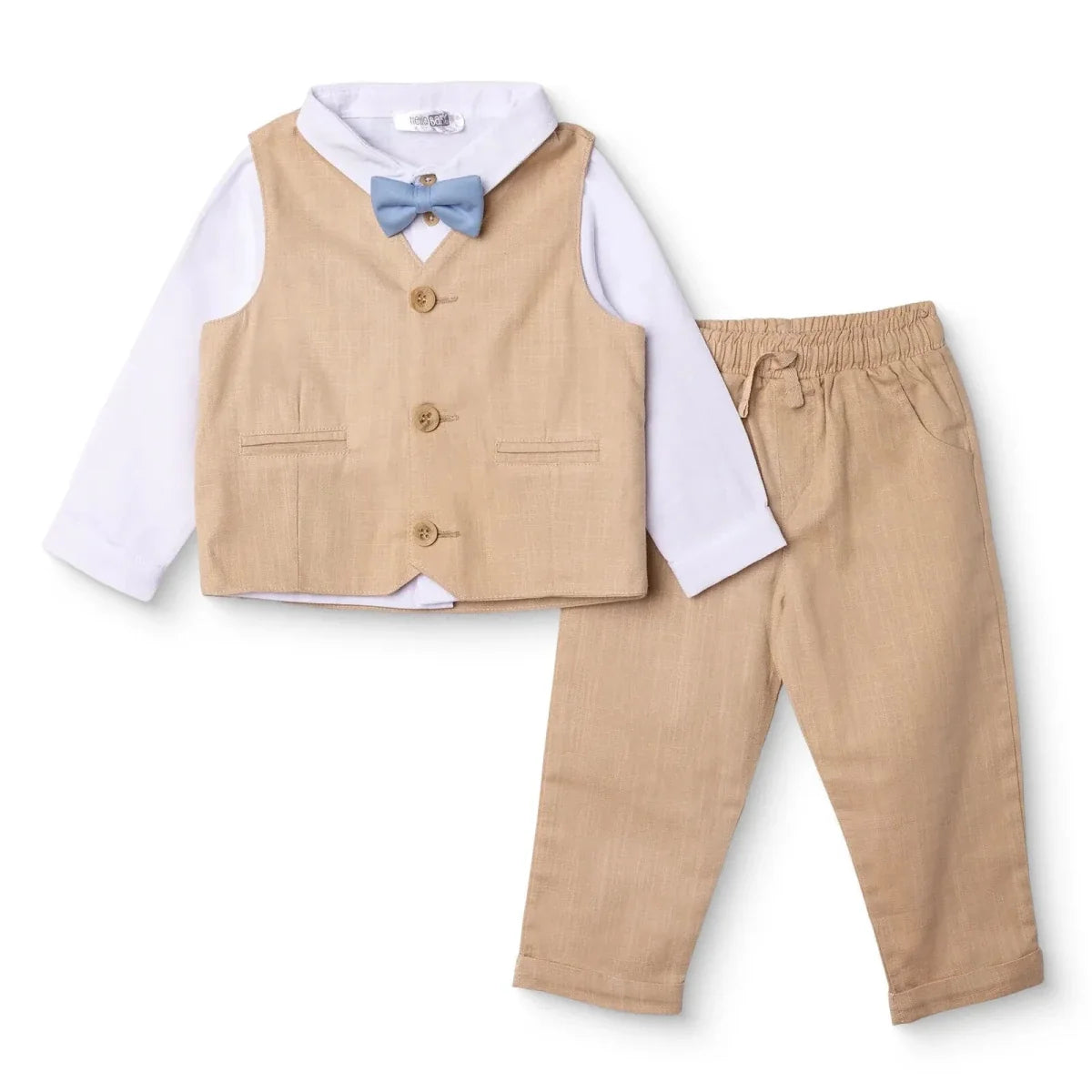 HelloBaby Boys Shirt Trousers & Waistcoat Set Buttoned Smart Line Shirt Collar Full Length Long Slee - Beige