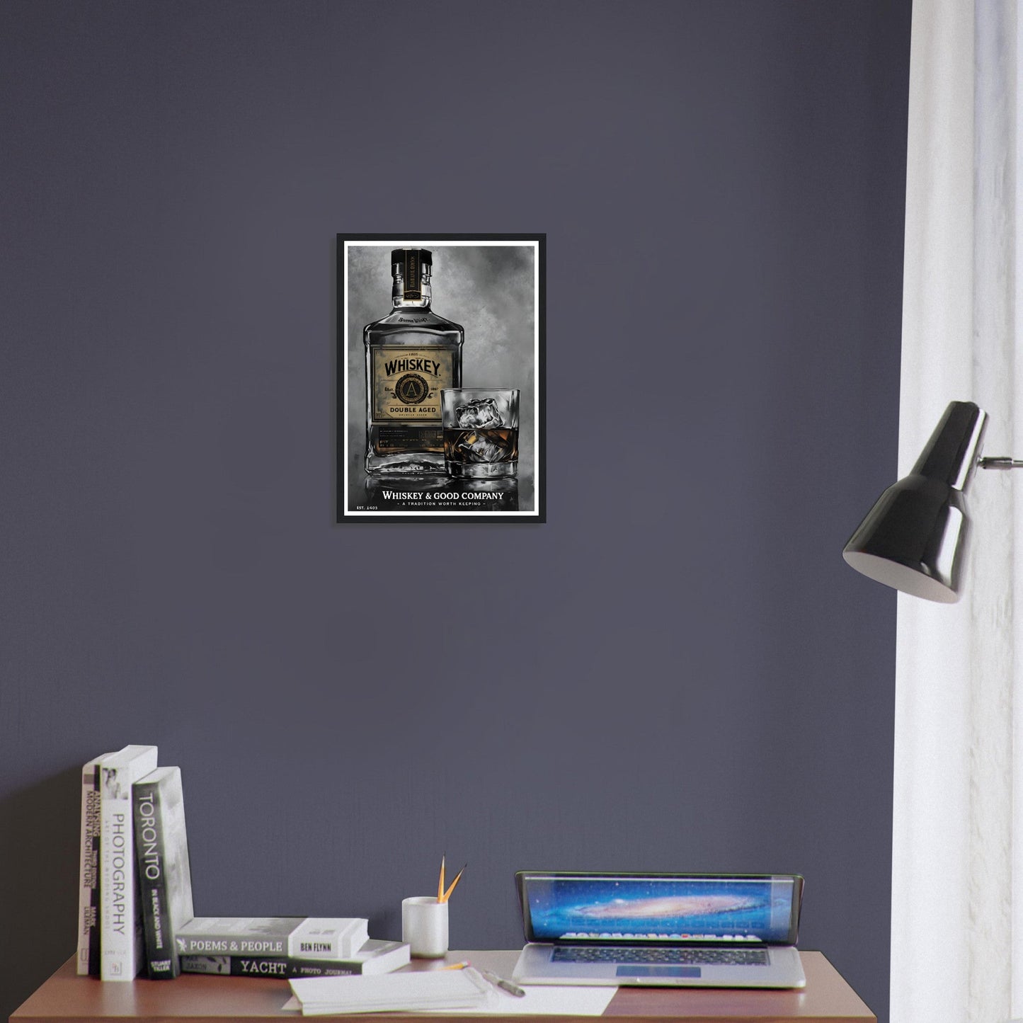Noir Whiskey Bottle Framed Poster – Sophisticated Wall Art for Home Bars & Lounges