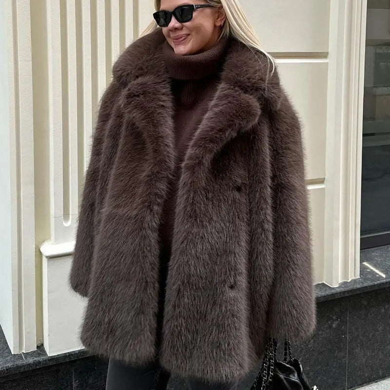 Women's Autumn Winter Warm Notched Collar Mid-Length Fur Coat