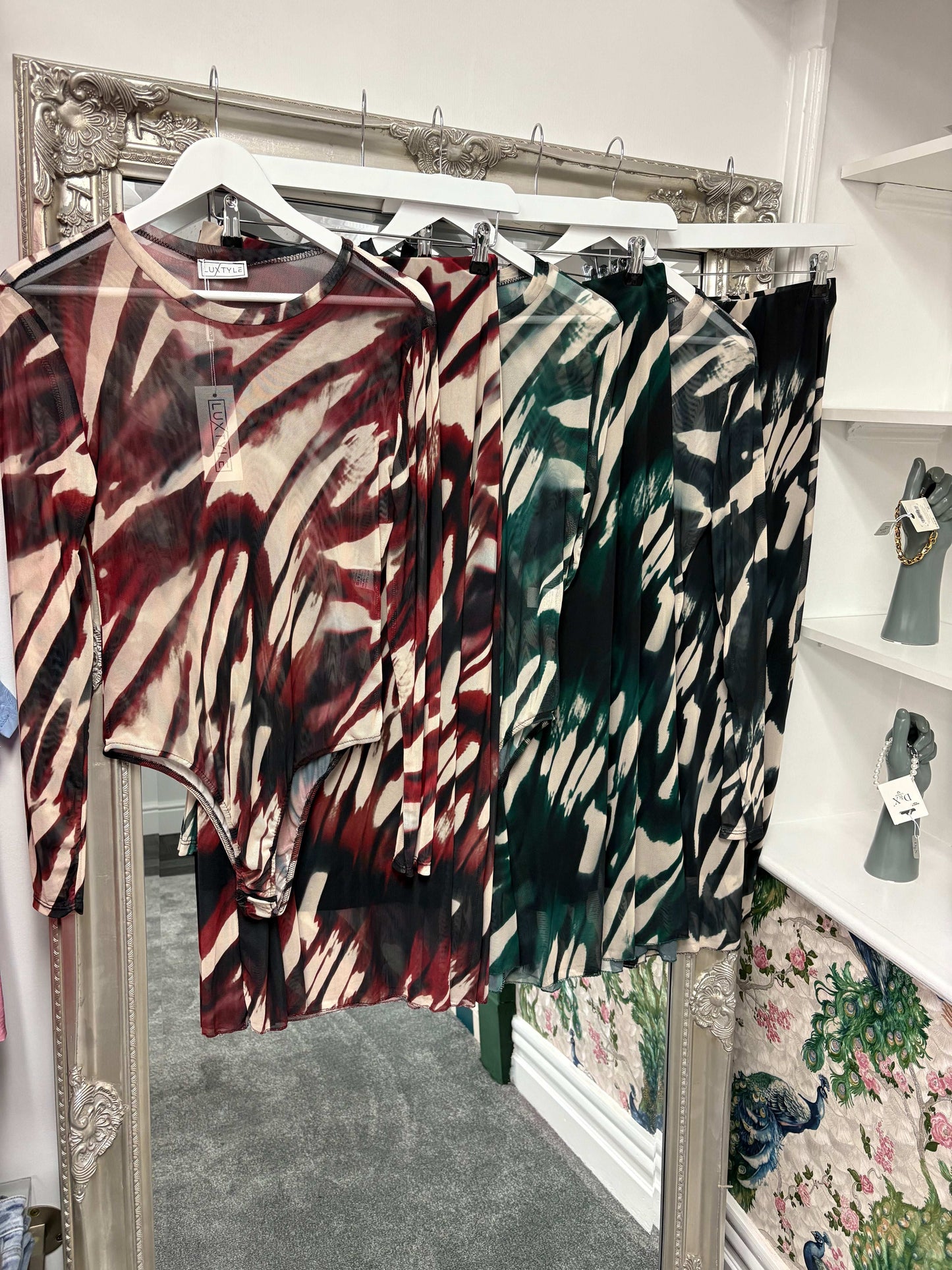 Luxtyle Mesh Print Bodysuit – Berry, Black & Forest (M/L fits UK 10/12)