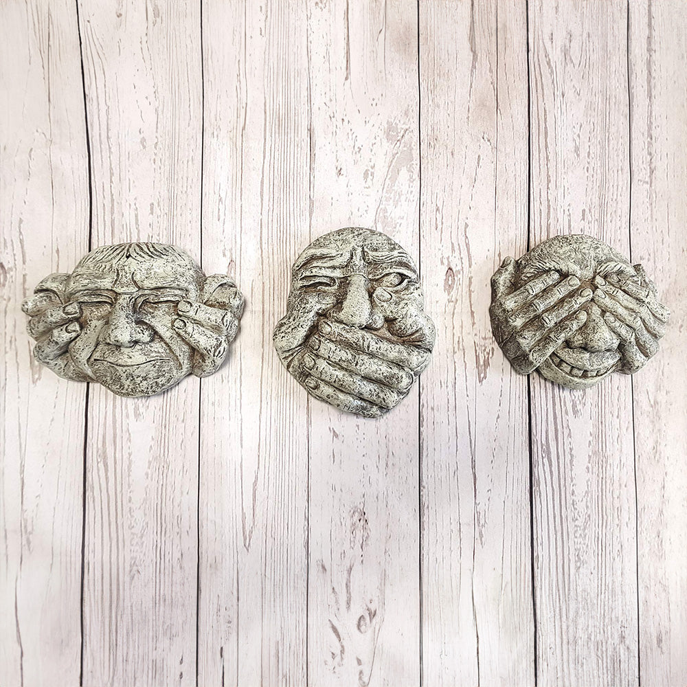 Hear See & Speak No Evil Gargoyle Set Funny Face Wall Plaques Tree Decoration