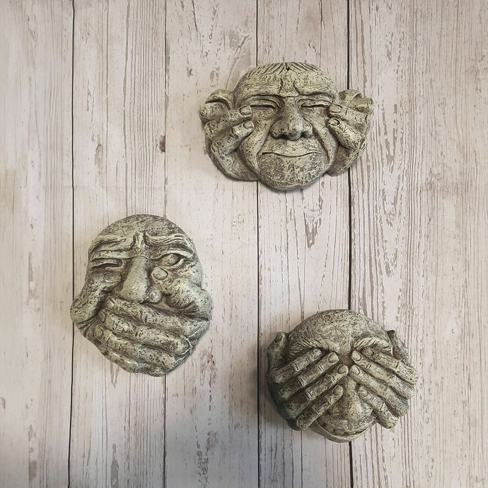 Hear See & Speak No Evil Gargoyle Set Funny Face Wall Plaques Tree Decoration