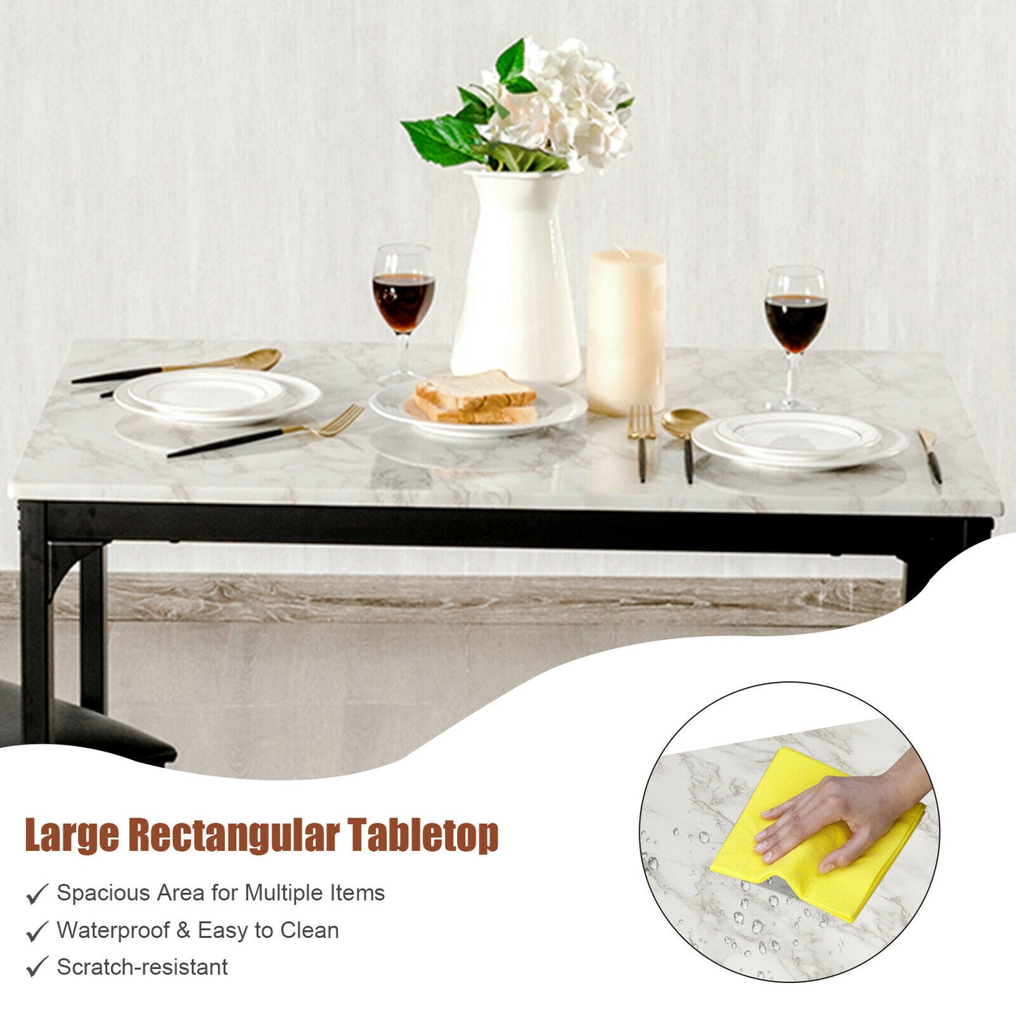 3 Piece Dining Table Set with 2 Faux Leather Backless Stools-Black