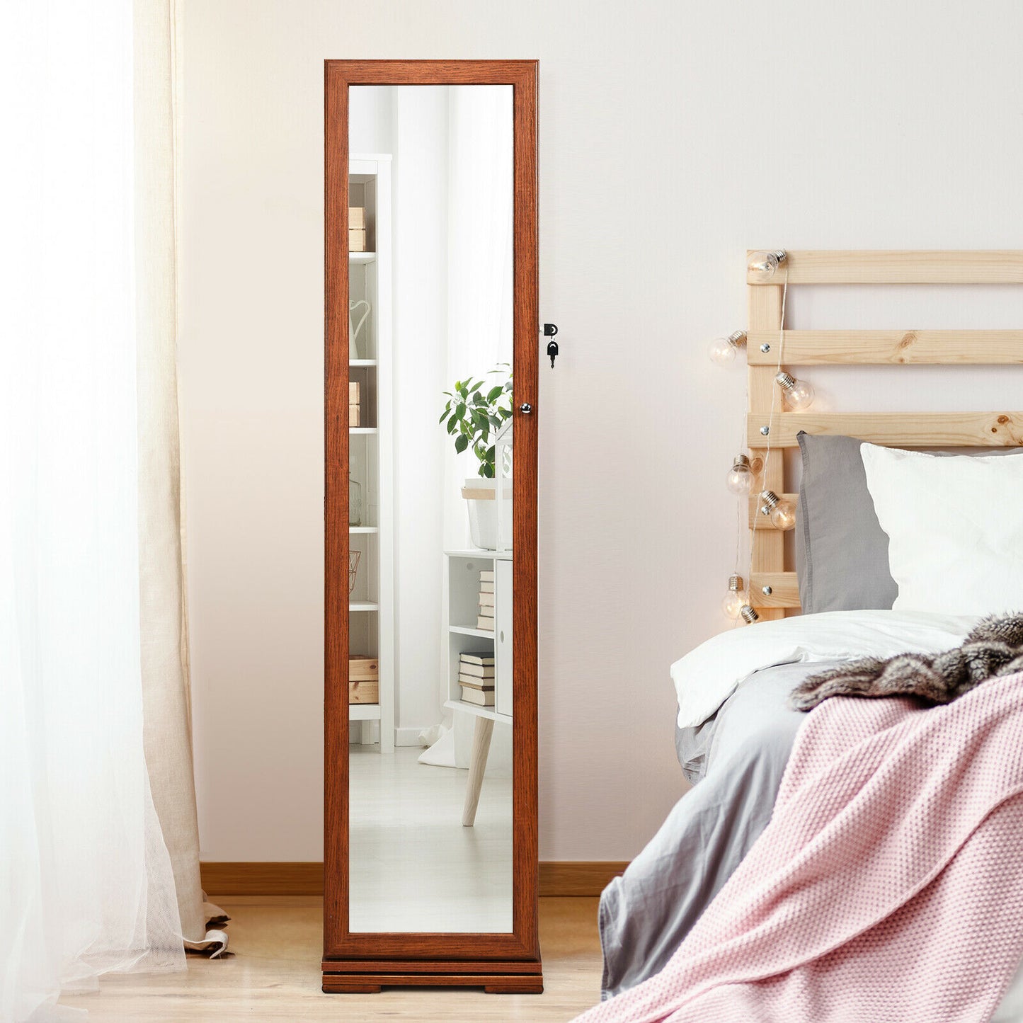 Full Length Mirrored Jewellery Cabinet Rotates 360° with Open Display Shelves-Brown