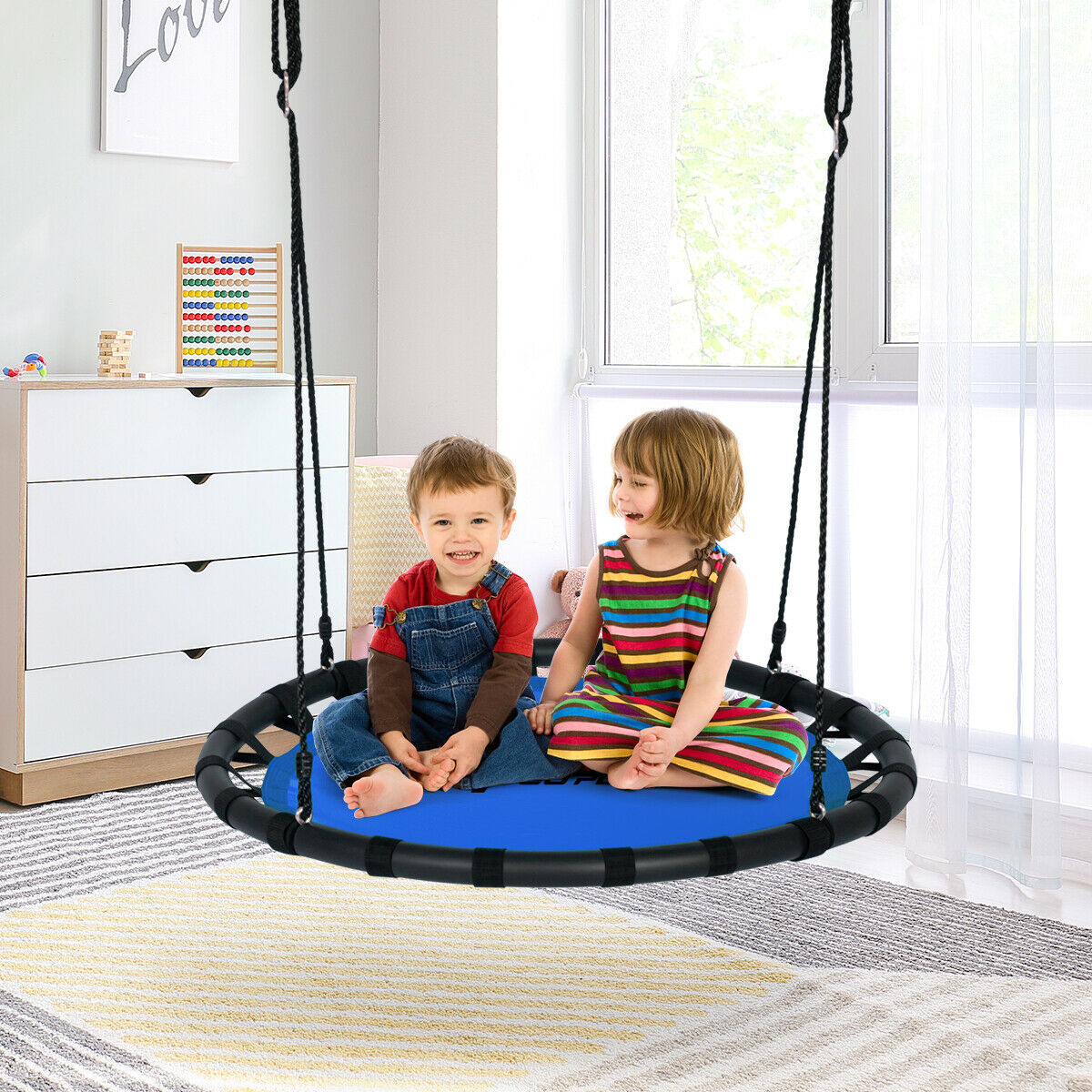 Kids Round Tree Swing with Adjustable Ropes and Hook Rings-Orange