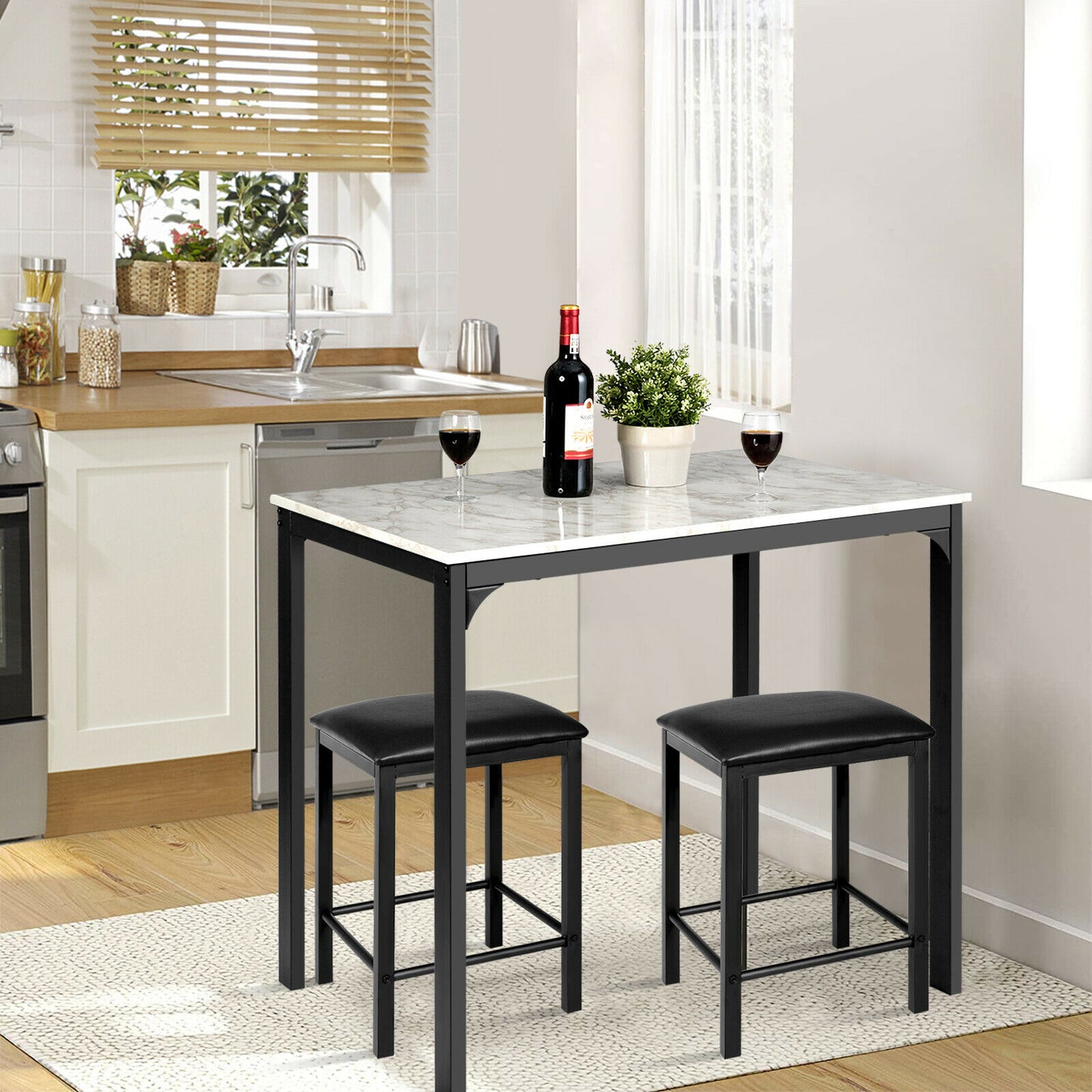 3 Piece Dining Table Set with 2 Faux Leather Backless Stools-Black