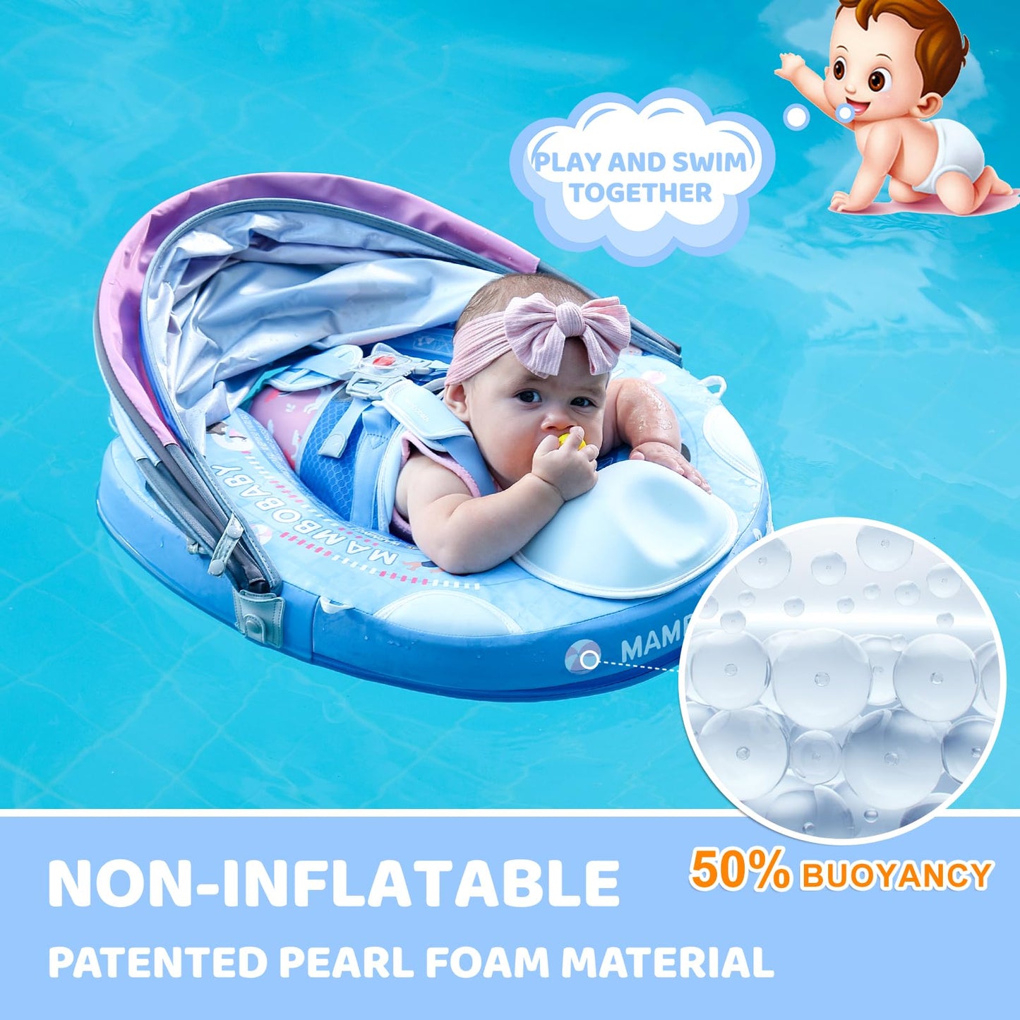 28°C Mambobaby Baby Pool Float with Canopy & Tail | Deluxe Non-Inflatable Infant Swim Float
