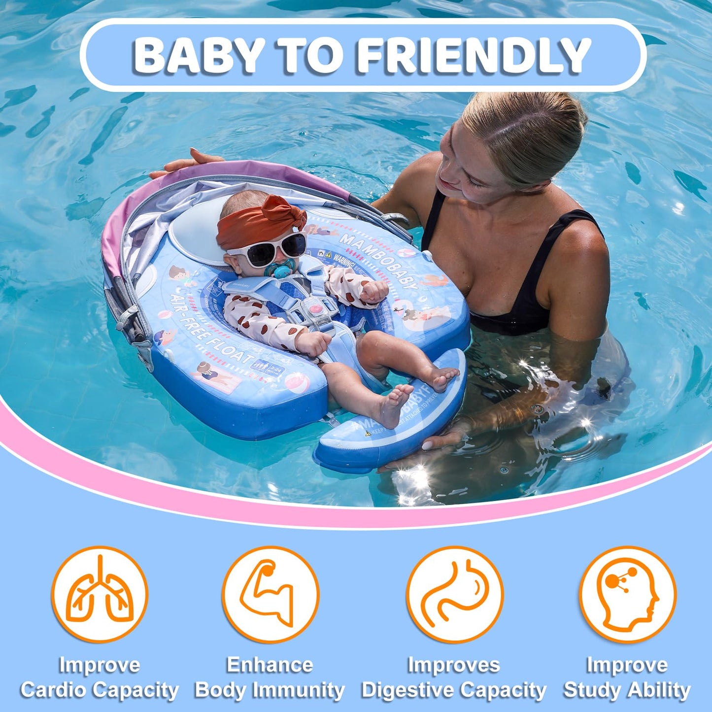 28°C Mambobaby Baby Pool Float with Canopy & Tail | Deluxe Non-Inflatable Infant Swim Float