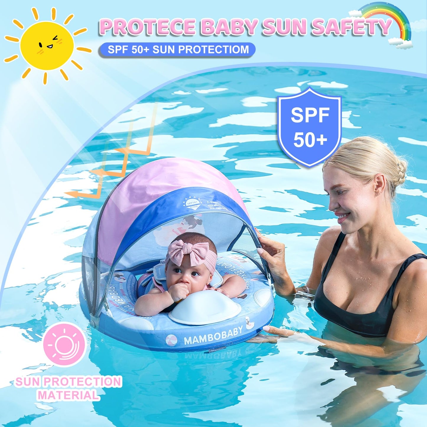 28°C Mambobaby Baby Pool Float with Canopy & Tail | Deluxe Non-Inflatable Infant Swim Float