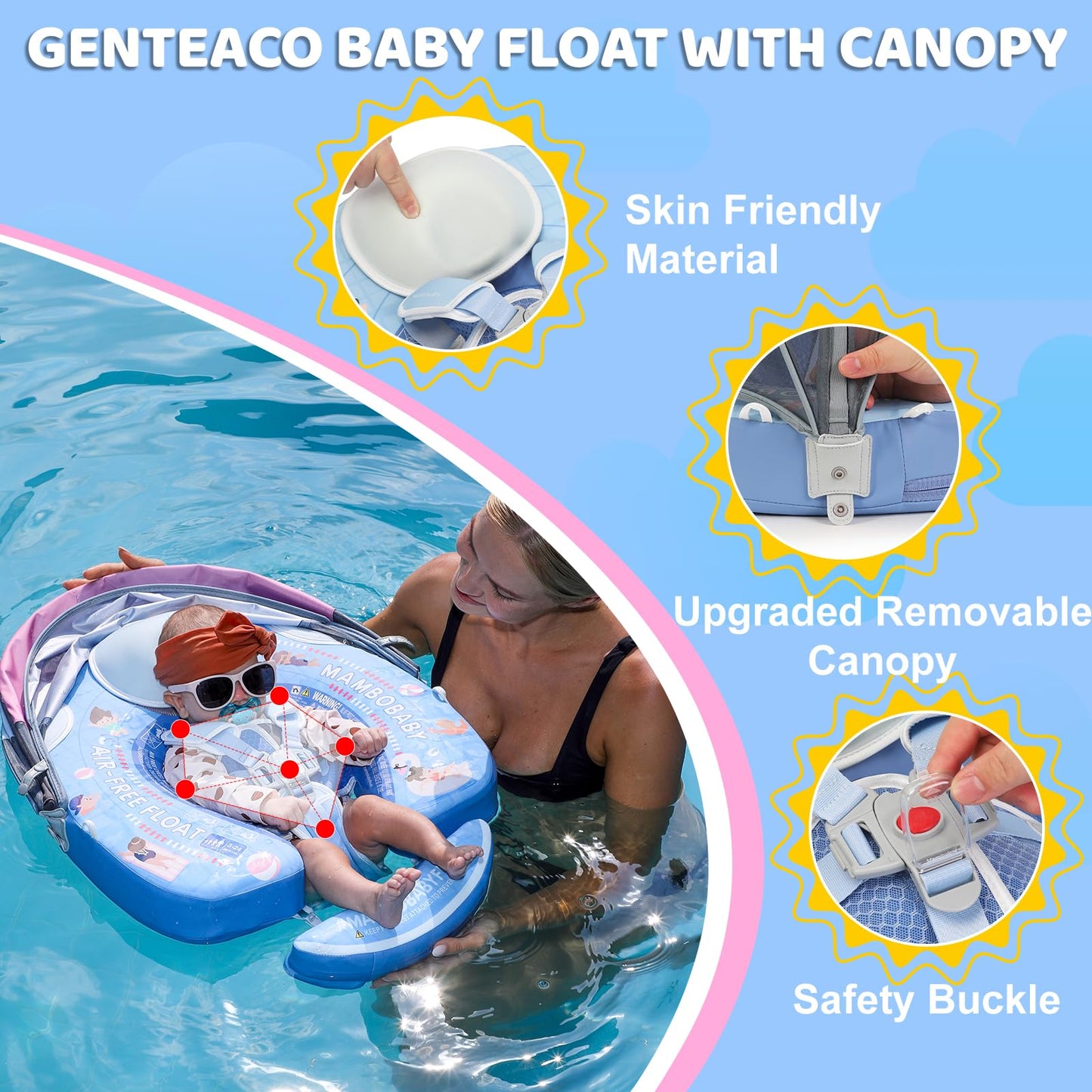 28°C Mambobaby Baby Pool Float with Canopy & Tail | Deluxe Non-Inflatable Infant Swim Float