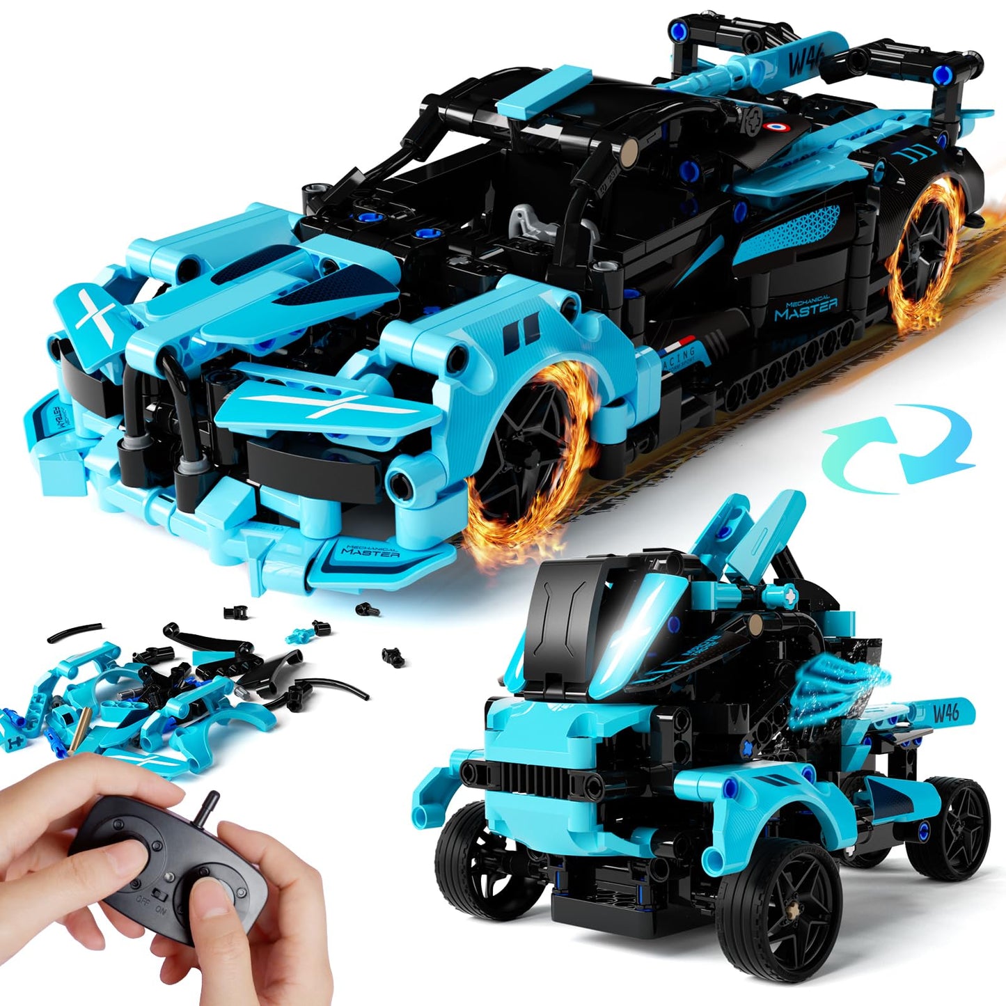28°C STEM Remote Car Building Kit for Kids 8-12 – 2-in-1 Car & Shark Chariot with App & Remote
