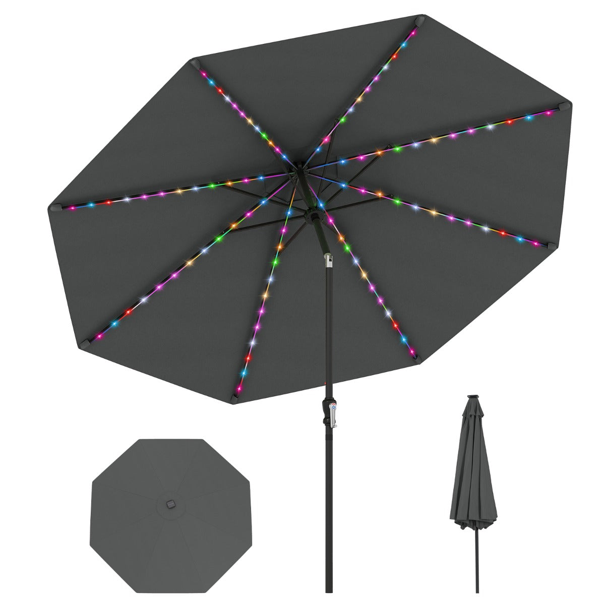 290 cm Solar Patio Umbrella with 96 LED Lights and 9 Modes-Coffee