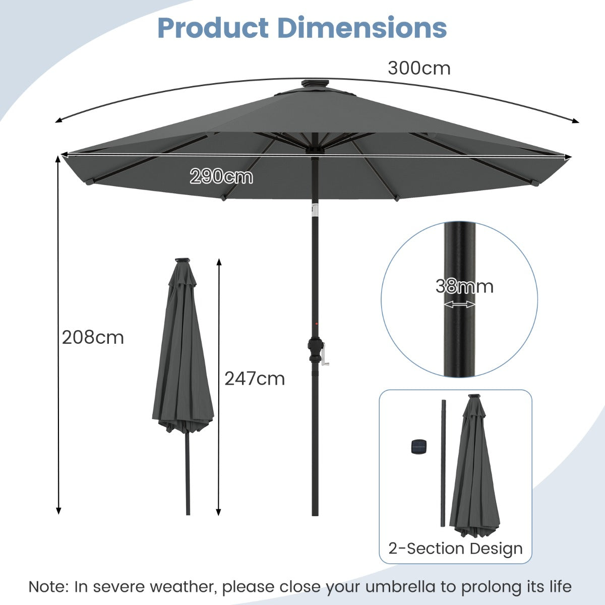 290 cm Solar Patio Umbrella with 96 LED Lights and 9 Modes-Coffee