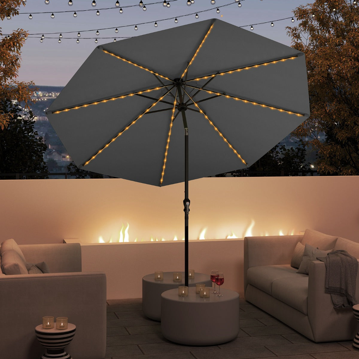 290 cm Solar Patio Umbrella with 96 LED Lights and 9 Modes-Coffee