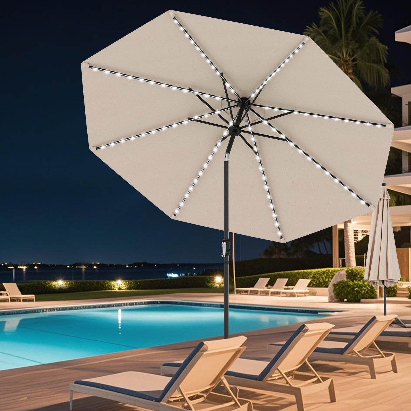 290 cm Solar Patio Umbrella with 96 LED Lights and 9 Modes-Coffee