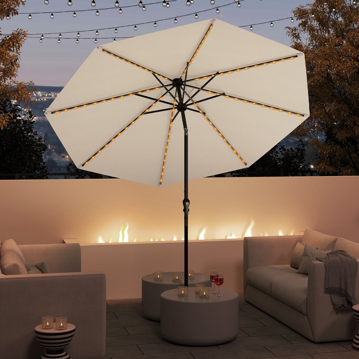290 cm Solar Patio Umbrella with 96 LED Lights and 9 Modes-Coffee