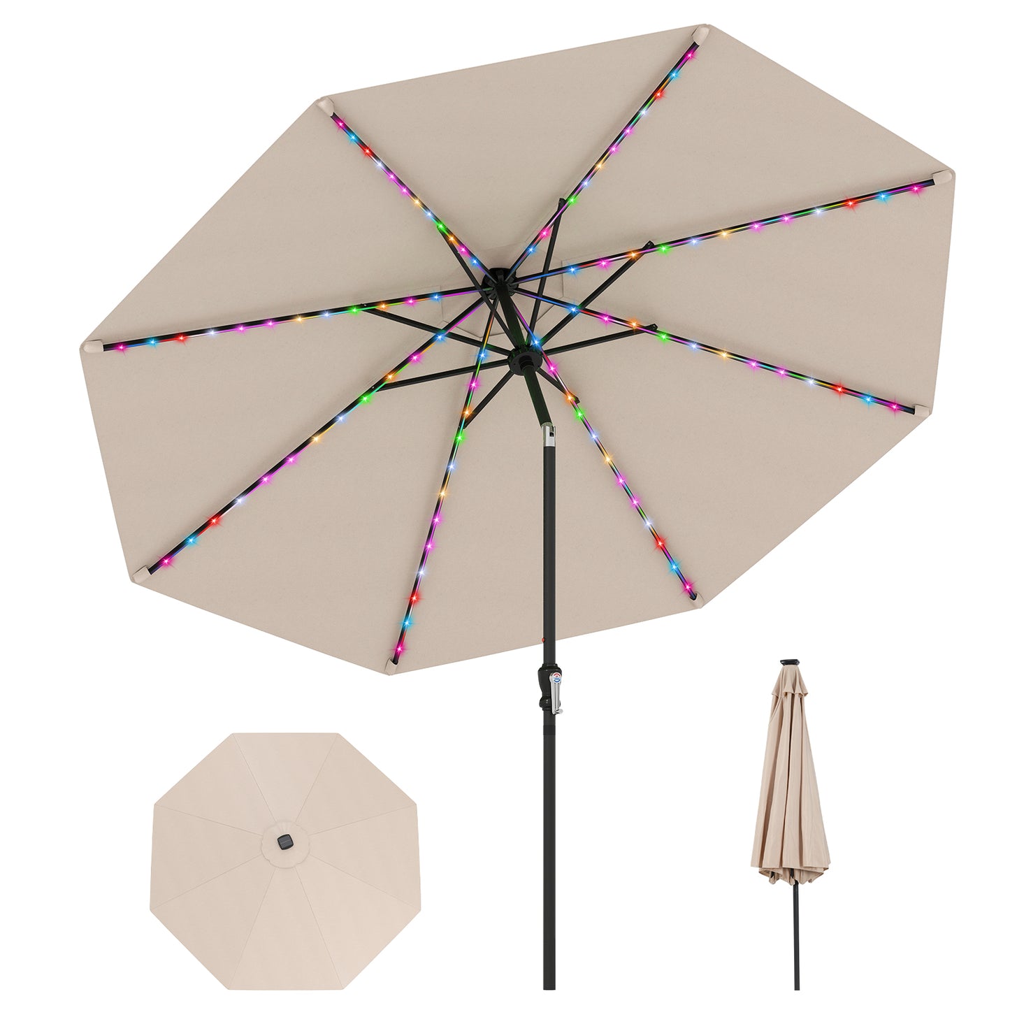 290 cm Solar Patio Umbrella with 96 LED Lights and 9 Modes-Coffee