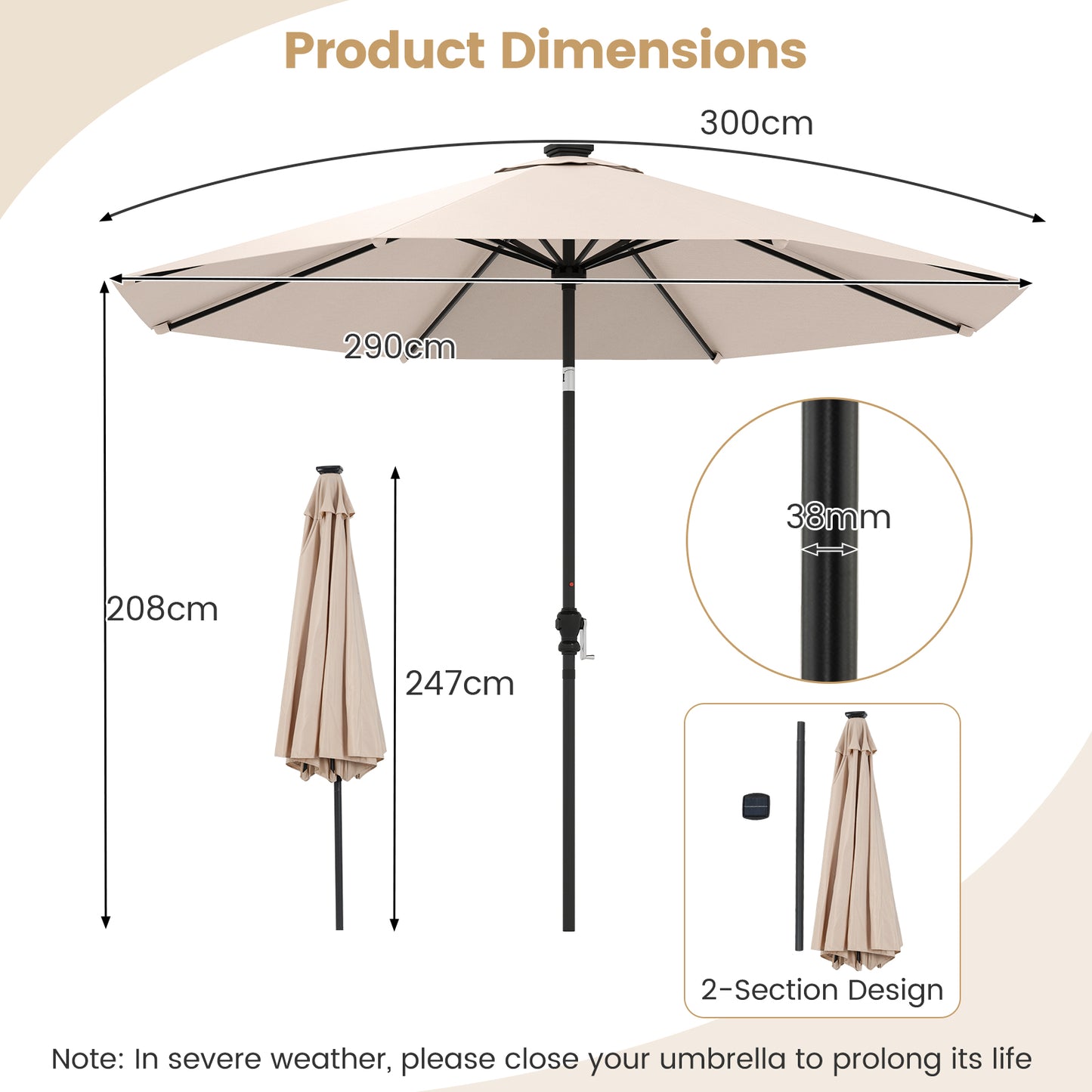 290 cm Solar Patio Umbrella with 96 LED Lights and 9 Modes-Coffee