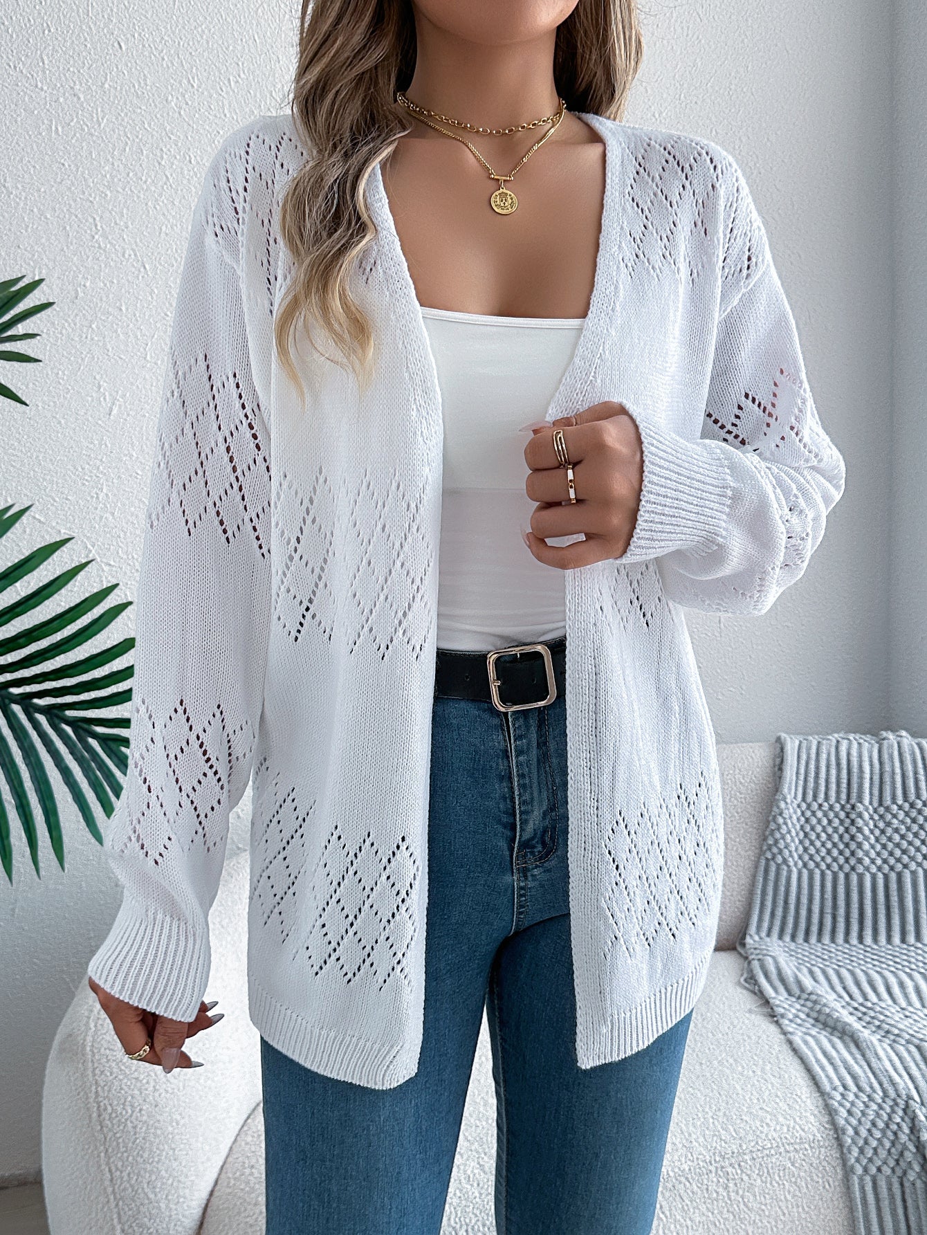 Women Casual Solid Color Hollow Out Lantern Sleeve Mid-Length Cardigan Sweater