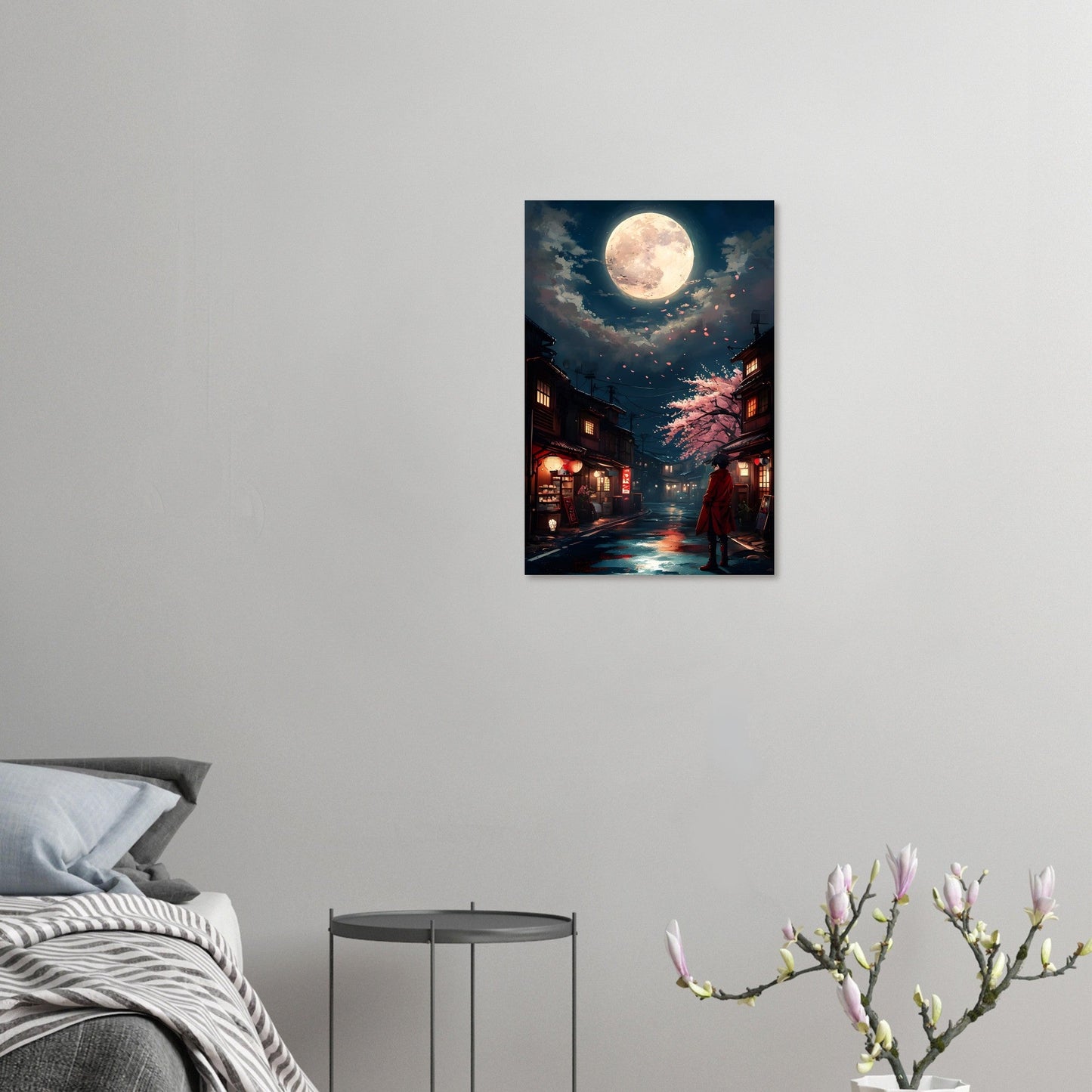 Japanese Cityscape Night Poster – Urban Glow Under the Moon