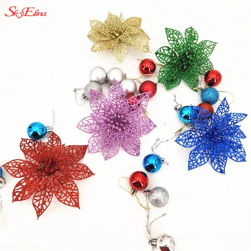10Pcs/Set Christmas Flowers Xmas Christmas Tree Decorations Glitter Hollow Wedding Party Decor Gold/Silver/Red/Green/Blue 8Z