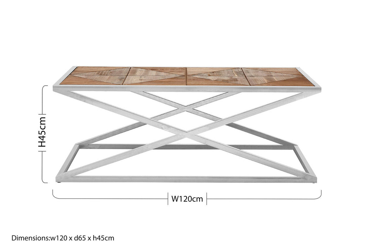 Rustic Grooved Fir Wood Veneer Coffee Table with Silver Stainless Steel Criss Cross Frame, Hudson