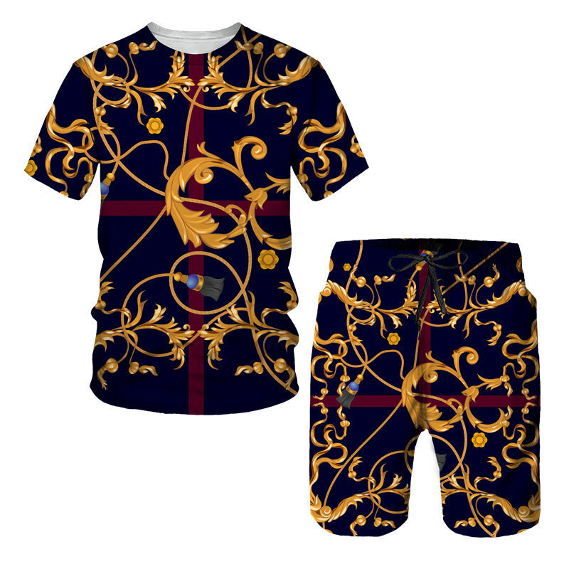 Men's Chain Pattern Digital Printed T-Shirt & Shorts, Two-Pieces Set