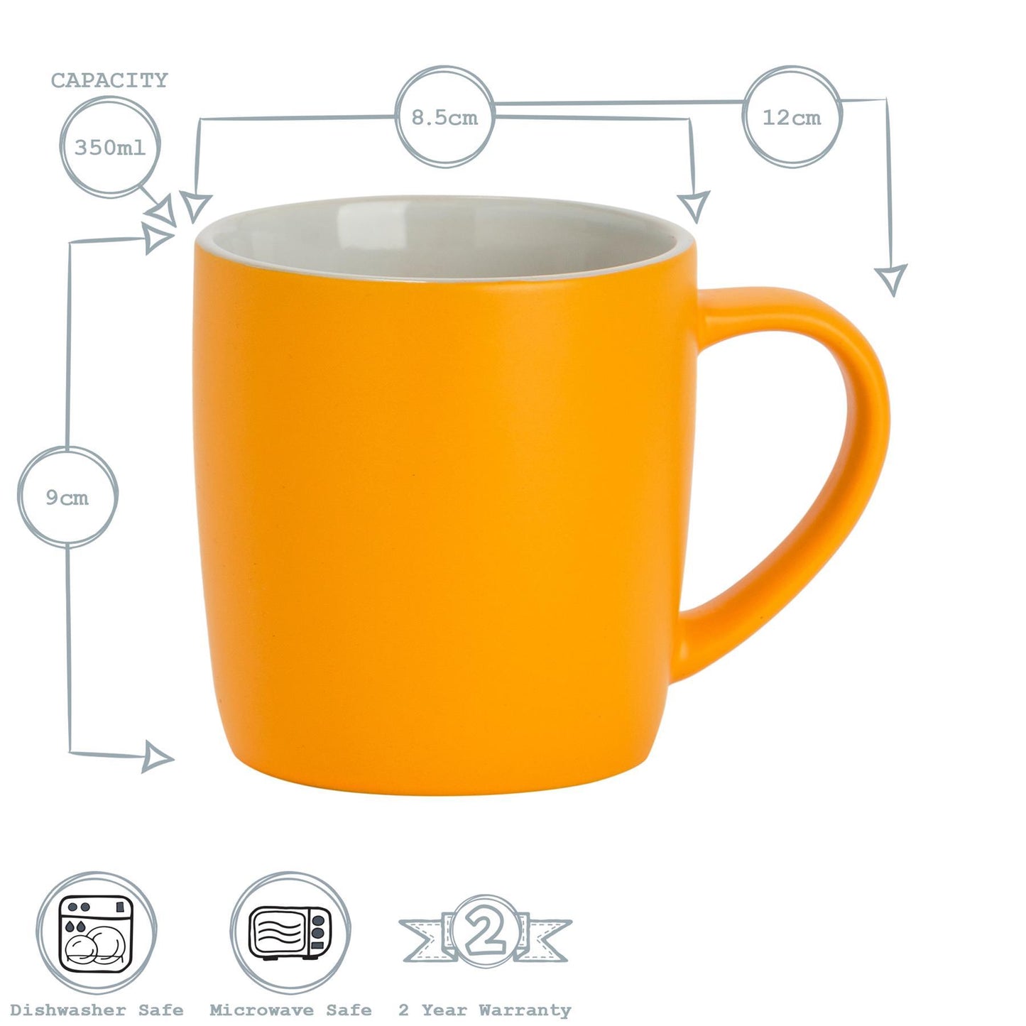 350ml Matt Yellow Coloured Coffee Mugs - Pack of Six