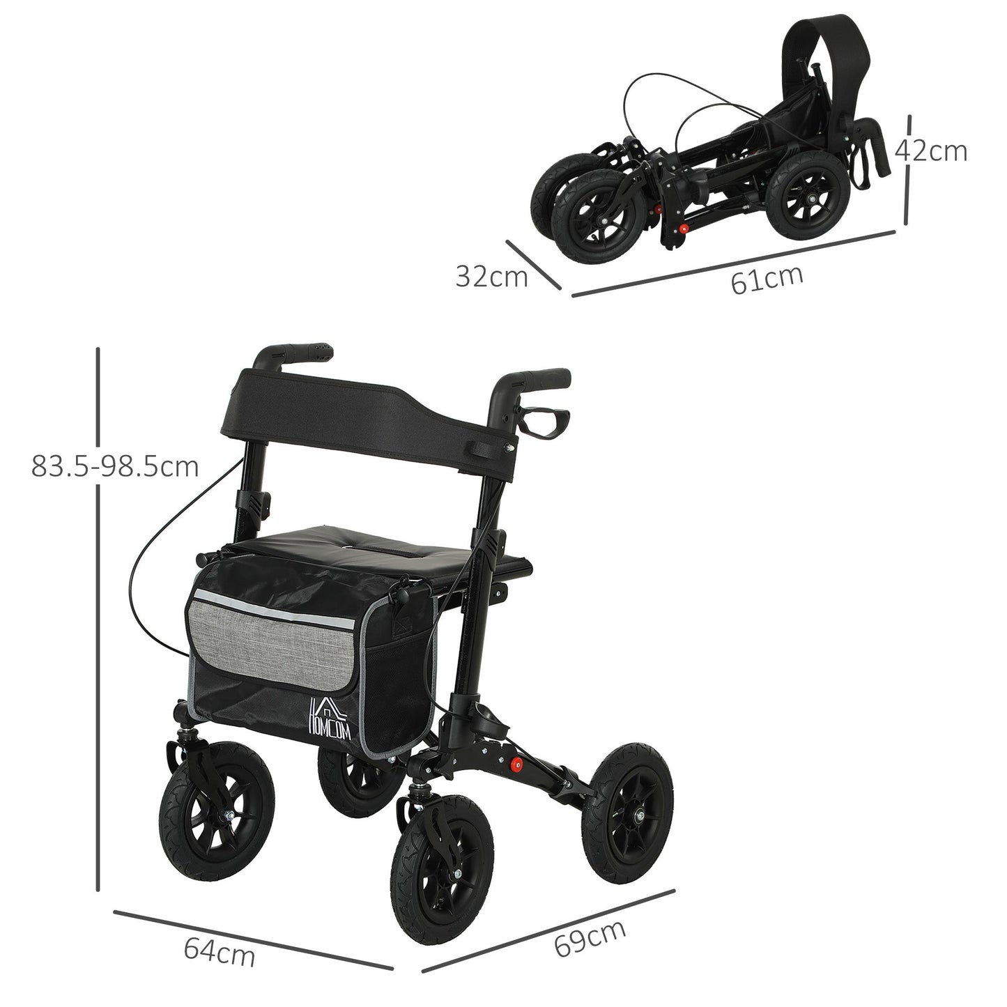 HOMCOM Rollator Walker with Padded Seat, Backrest, All-terrain Wheels