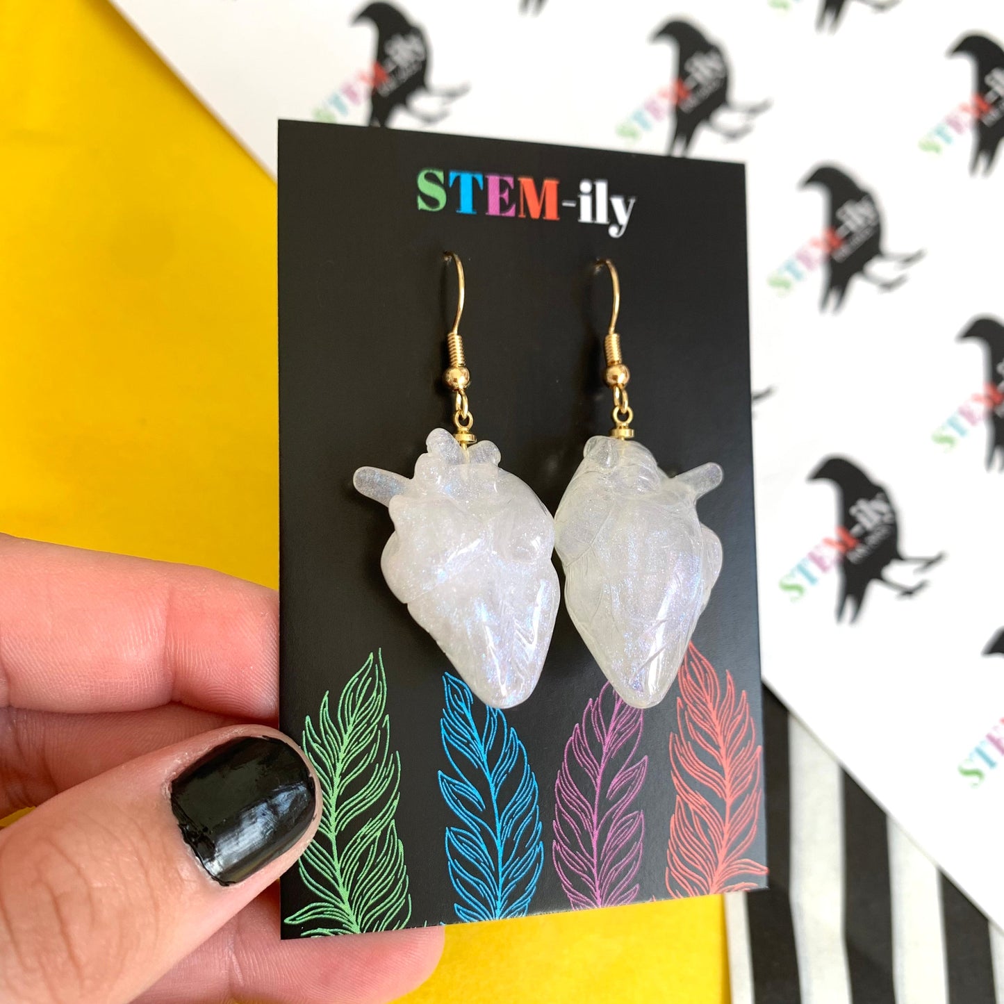 White Anatomical heart handmade resin statement gold earrings on gold plated hooks