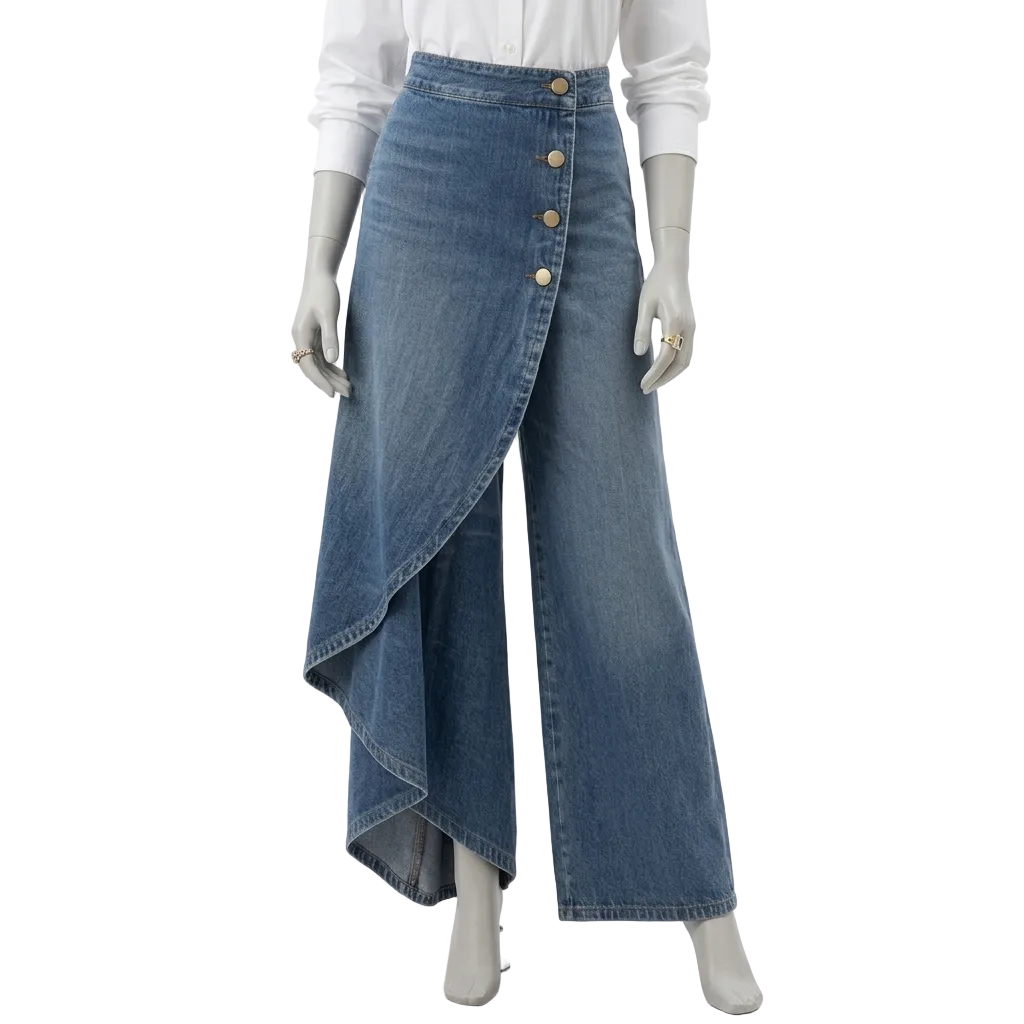 Ruffled Buttoned Trousers, Women's Faux Denim Pants| Premium Modest Fashion