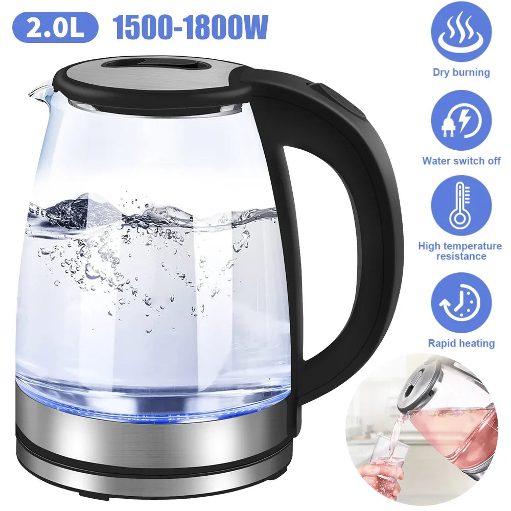 2L Electric Glass Kettle – 1500-1800W Fast Boil Hot Water Heater Auto Shut-Off