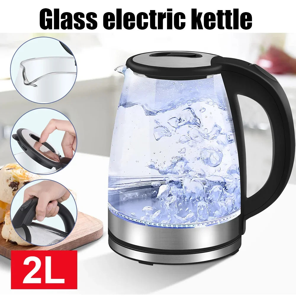 2L Electric Glass Kettle – 1500-1800W Fast Boil Hot Water Heater Auto Shut-Off
