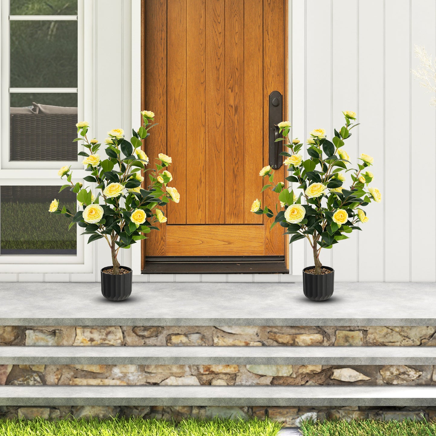 1/2 Pieces 95cm Artificial Camellia Tree with Flowers and Rain-Flower Pebbles-White-1 Piece