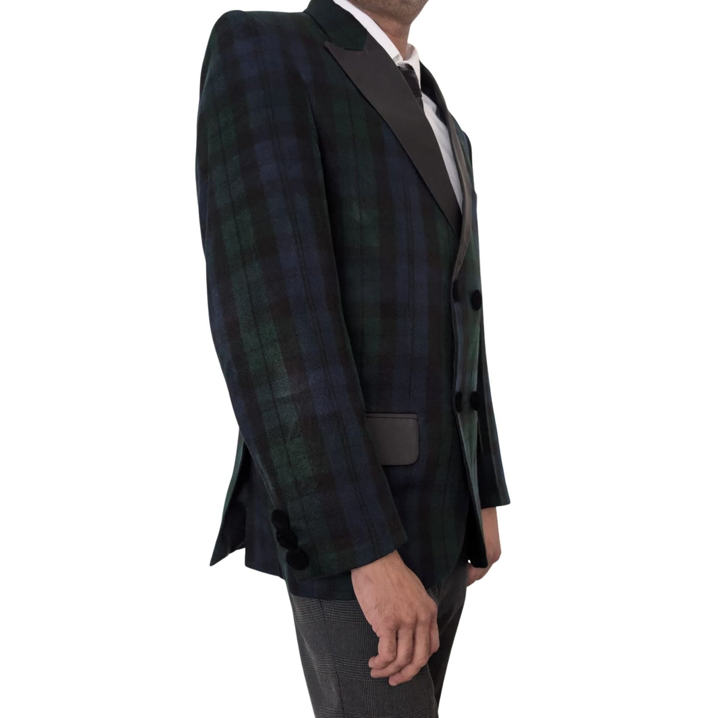 Men’s Scottish Black Watch Tartan Blazer Jacket – Acrylic Wool Fabric, Satin Lapels, Double-Breasted
