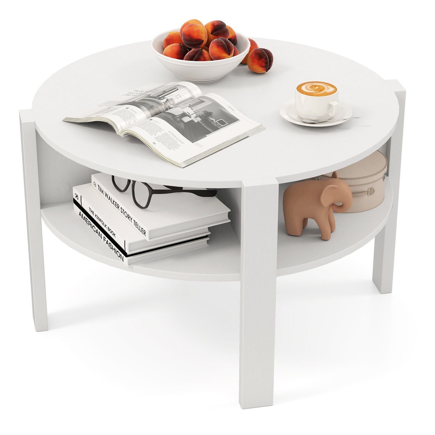 2-Tier Round Coffee Table with 4 Shelves-Rustic Brown