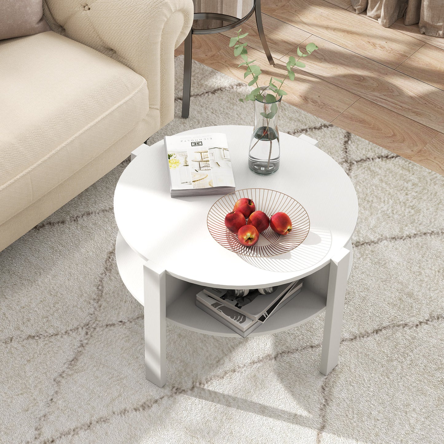 2-Tier Round Coffee Table with 4 Shelves-Rustic Brown