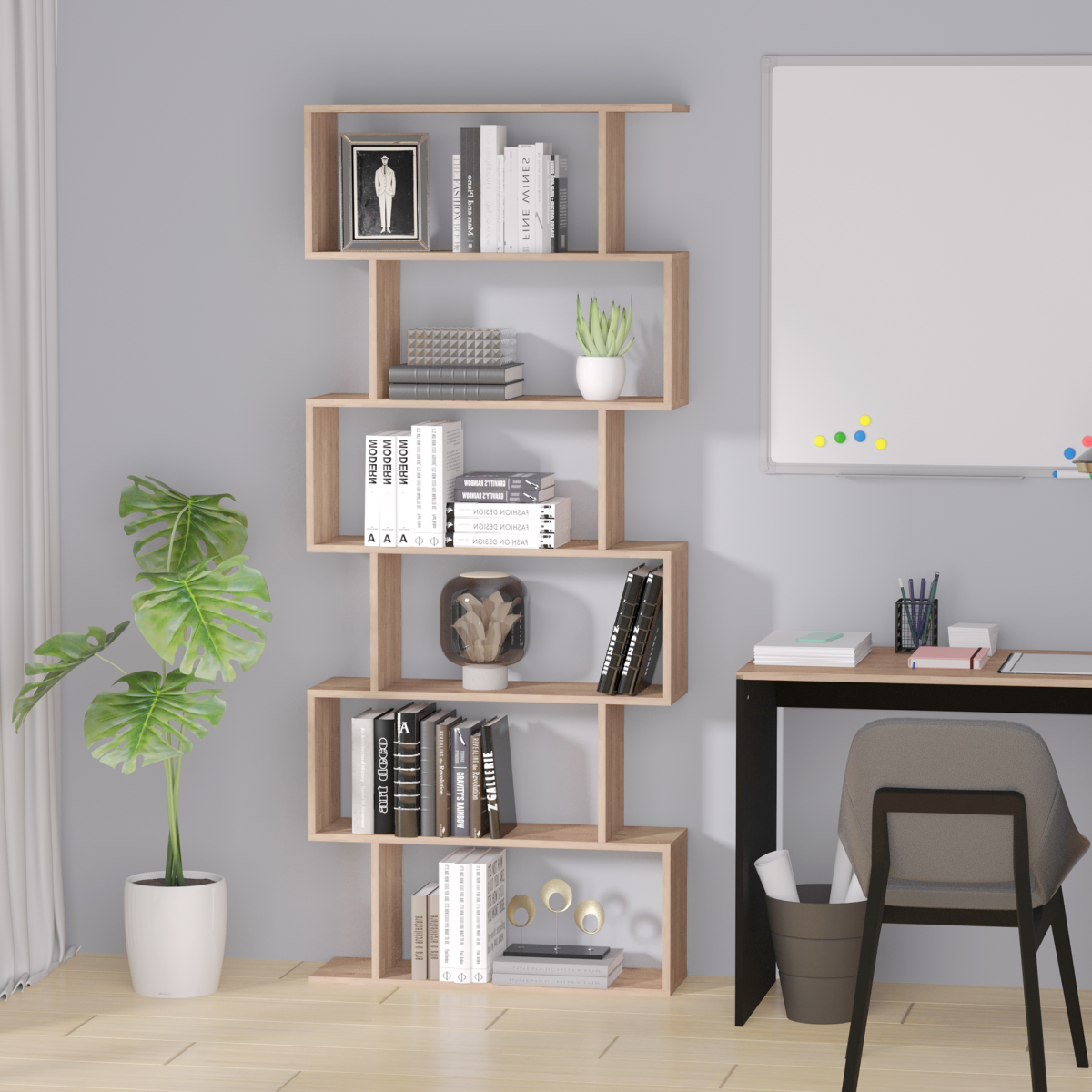 6-Tier Wooden S-Shaped Shelf Storage Unit Home Office Maple Colour